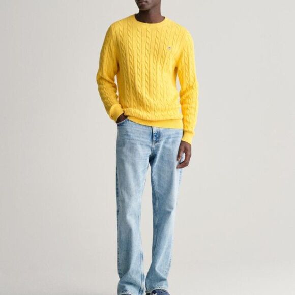 GANT Men's Cotton Cable Knit Preppy Crew Neck Sweater Smooth Yellow Size L - Picture 1 of 5